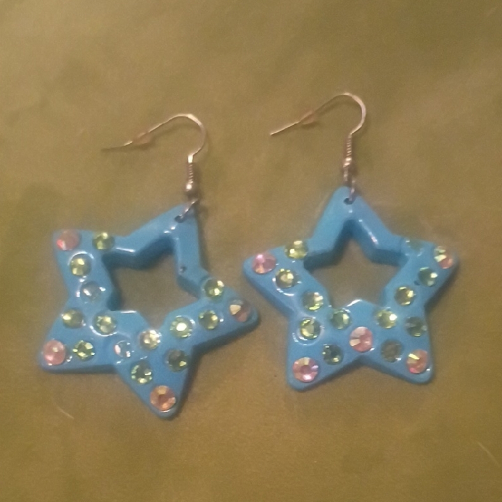 Blue Star Dangle Earrings with Rhinestones